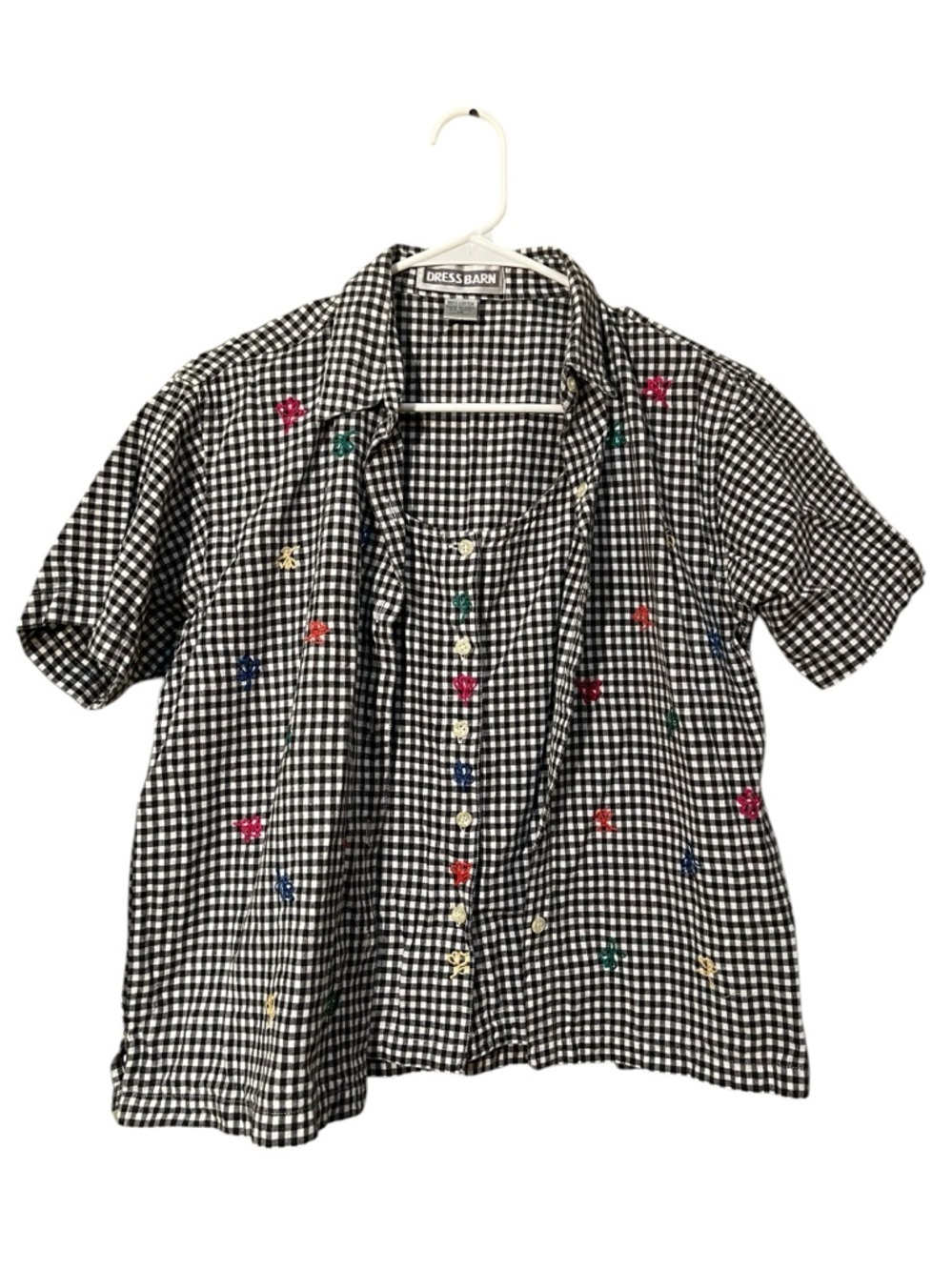 Vintage Dress Barn Womens Sz Medium Button Down Shirt Black White Gingham Floral